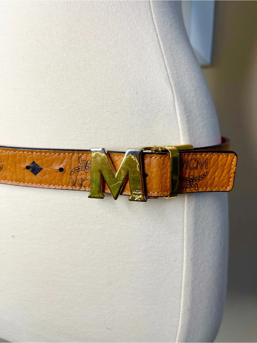 MCM reversible Cognac Monogram & red Leather Belt with Gold M Buckle